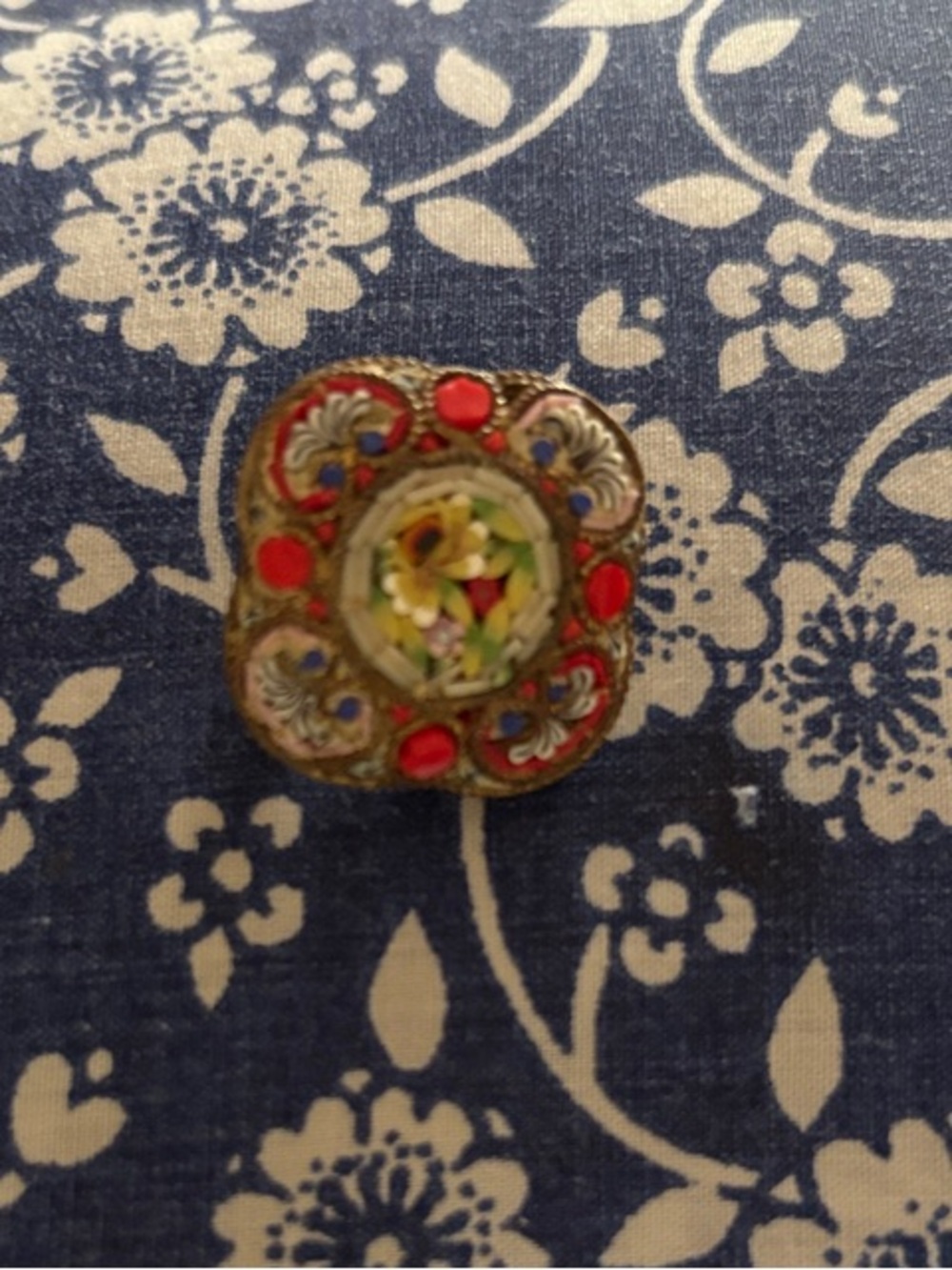 Vintage Floral Cloisonné Button Brooch - 1900’s Multi Colored Glass stones
